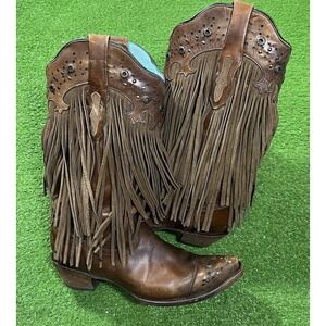 Corral Fringe Boots Size 10 Brown Leather Studded Snip Toe Boho Western Cowboy